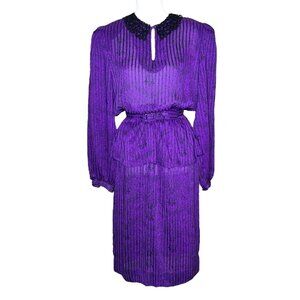 Vintage Jonathan Martin Peplum Dress Sheer Purple Striped Black Lace Midi Medium